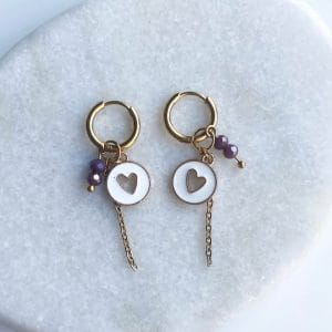 Oorbellen hart bedel - goud/wit