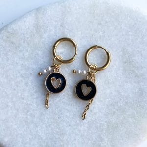 Oorbellen hart bedel - goud/zwart