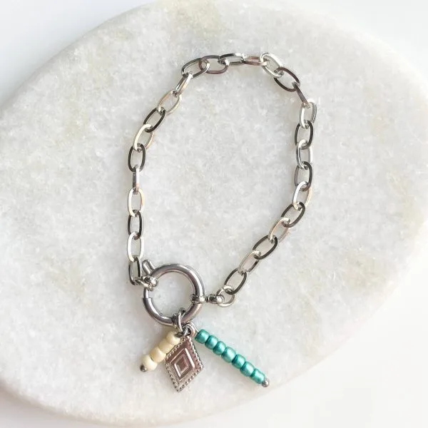 Schakelarmband party ruitje zilver/blauw