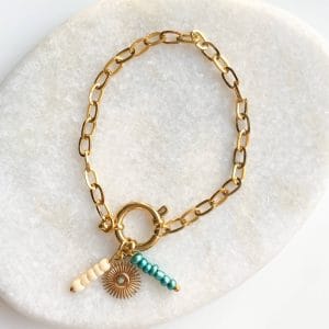 Schakelarmband party zonnetje goud/blauw