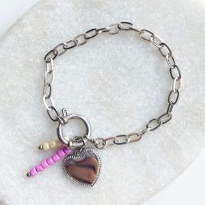 Schakelarmband party hart zilver/roze