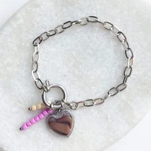 Schakelarmband party hart zilver/roze
