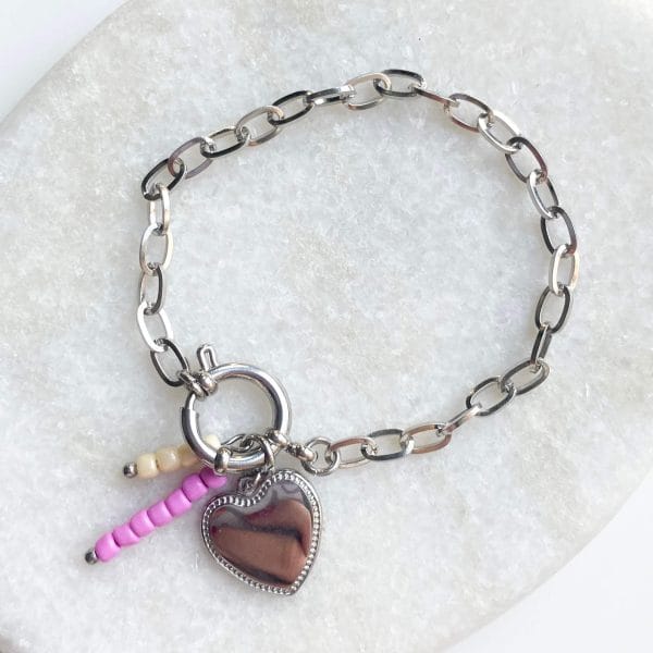 Schakelarmband party hart zilver/roze