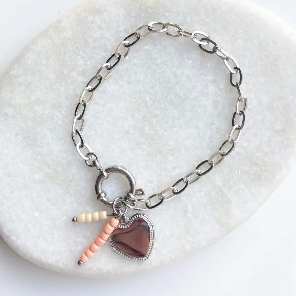 Schakelarmband party hart zilver/zalm