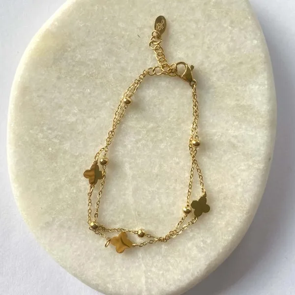 Armband dubbel klavertjes bolletjes - goud