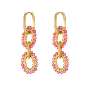 Gouden oorbellen met kralen ringen - oranje/roze