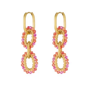 Gouden oorbellen met kralen ringen - oranje/roze