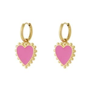 Gouden oorbellen met fuchsia hart en bolletjes